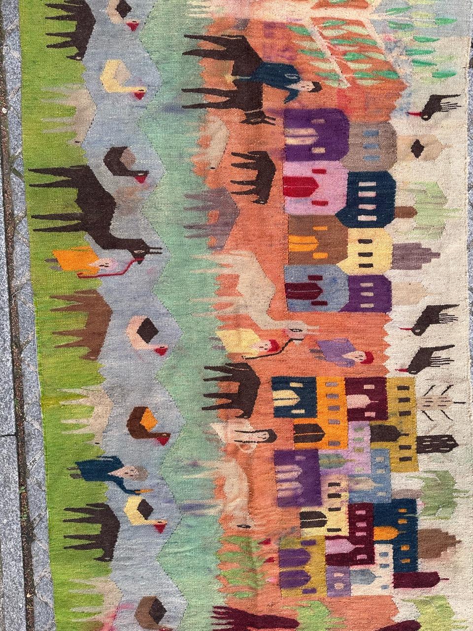 Pretty vintage Egyptian woven tapestry, in style of Wissa Wassef school tapestries with beautiful childish design and nice colours, entirely hand woven with wool on cotton foundation.