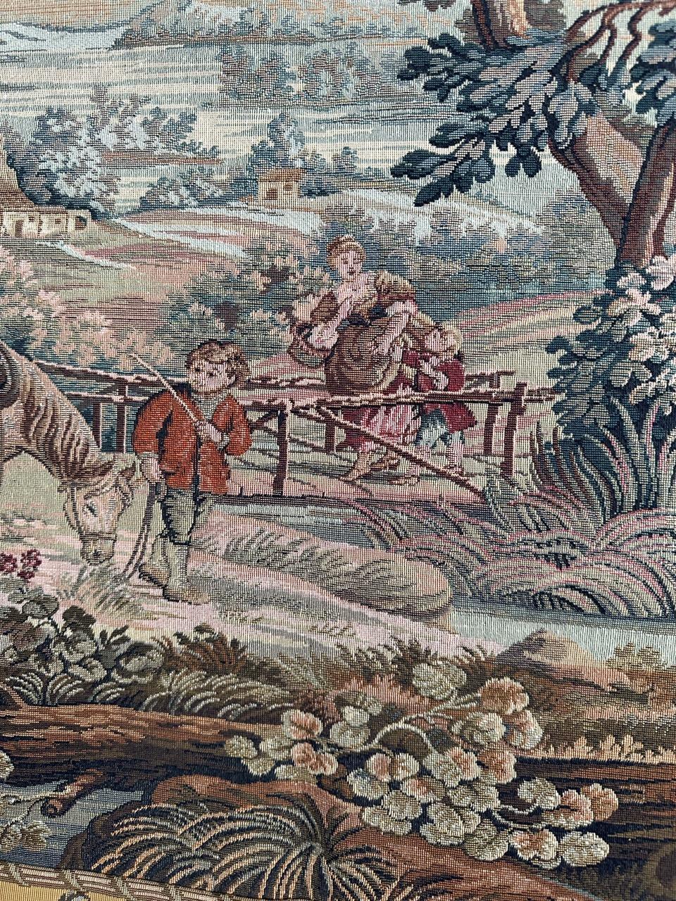 Bobyrug's pretty vintage French jacquard tapestry Aubusson style (hunters' stop) For Sale 5