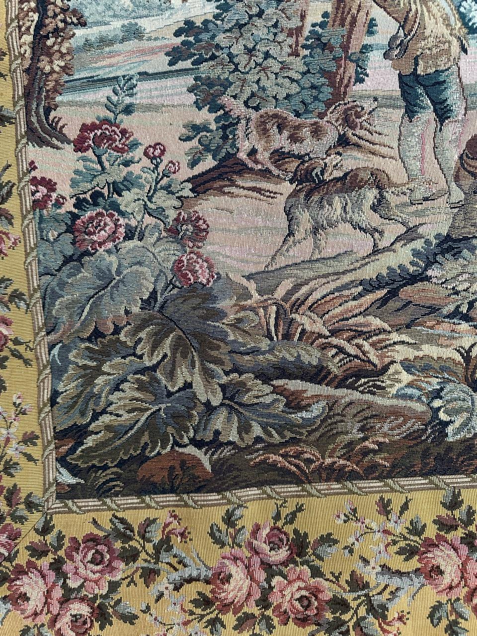 Bobyrug's pretty vintage French jacquard tapestry Aubusson style (hunters' stop) For Sale 8