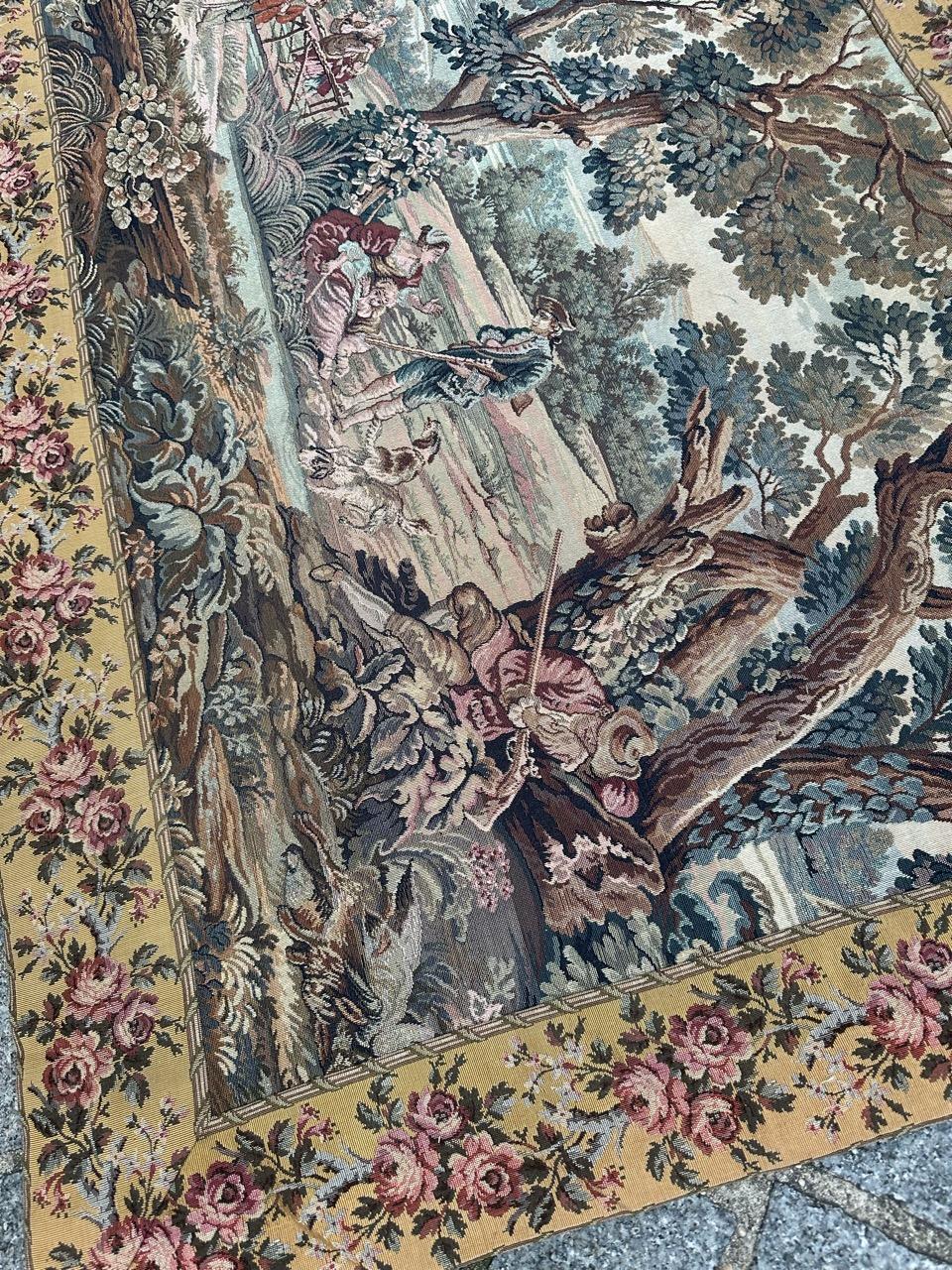 Bobyrug's pretty vintage French jacquard tapestry Aubusson style (hunters' stop) For Sale 10