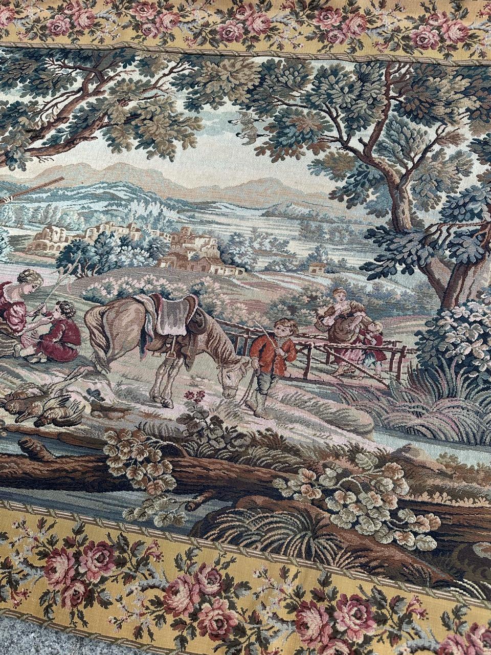 Bobyrug's pretty vintage French jacquard tapestry Aubusson style (hunters' stop) For Sale 11
