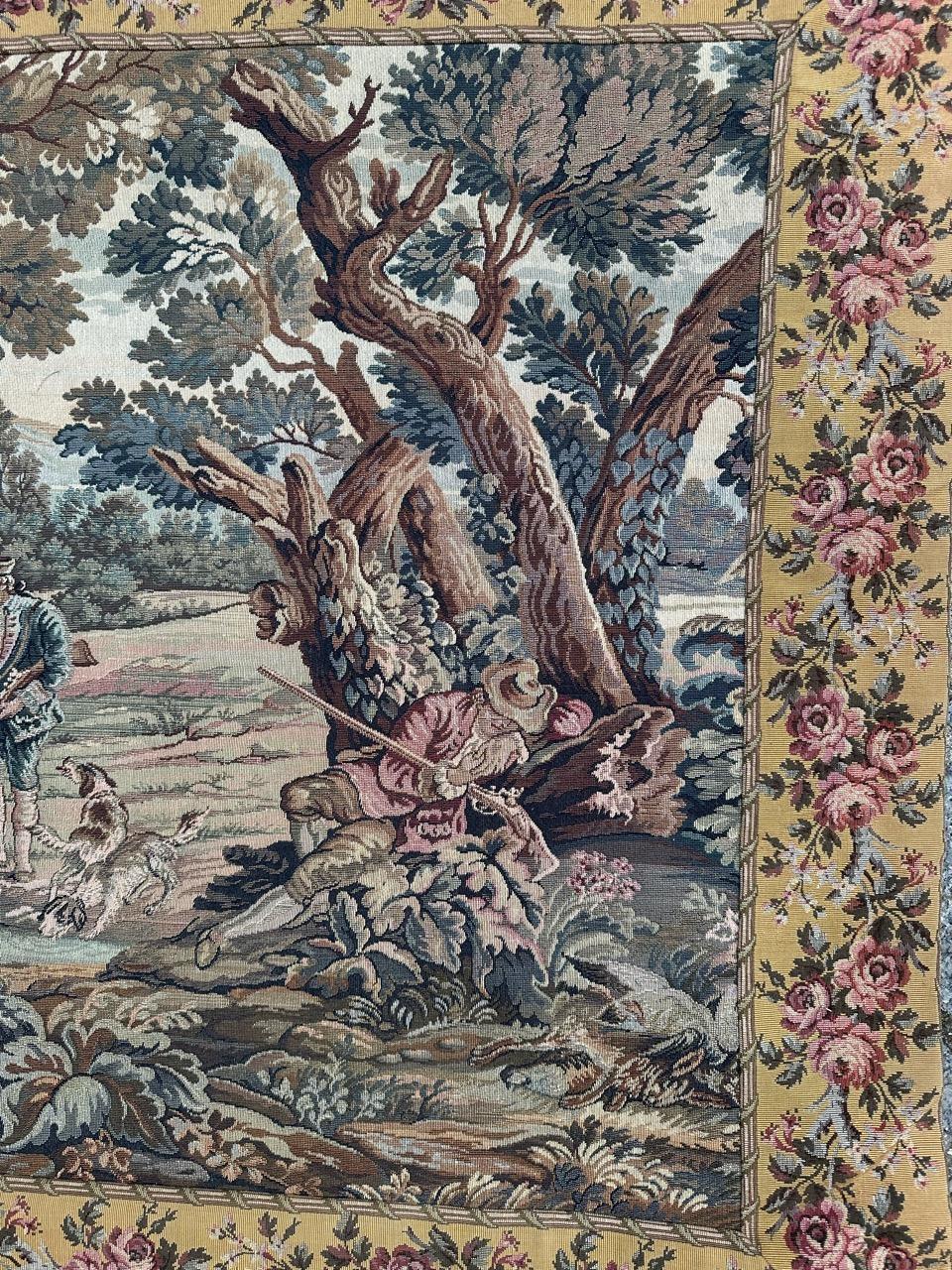 Machine-Made Bobyrug's pretty vintage French jacquard tapestry Aubusson style (hunters' stop) For Sale