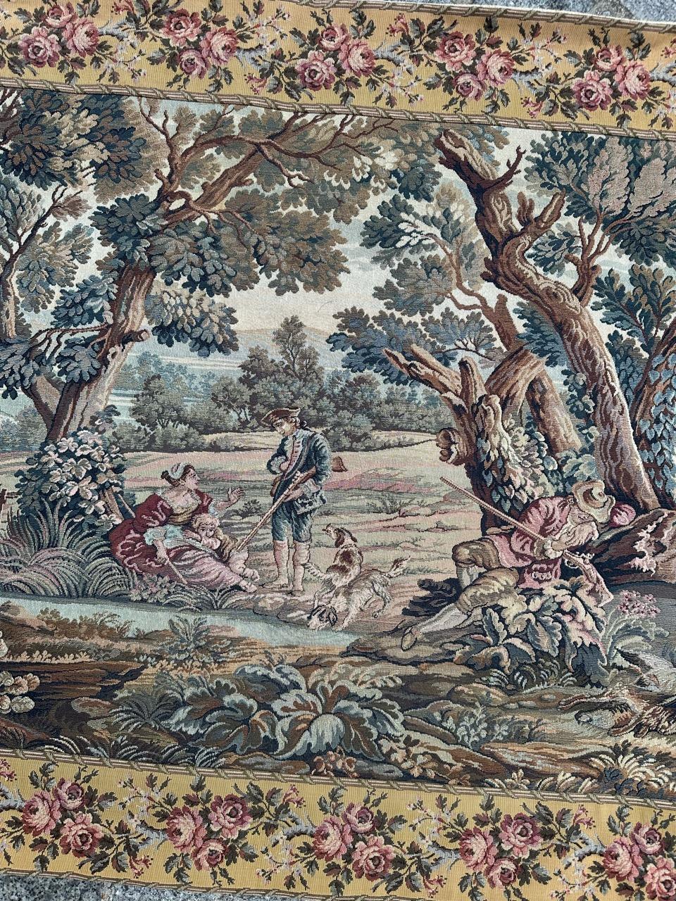 Bobyrug's pretty vintage French jacquard tapestry Aubusson style (hunters' stop) In Good Condition For Sale In Saint Ouen, FR