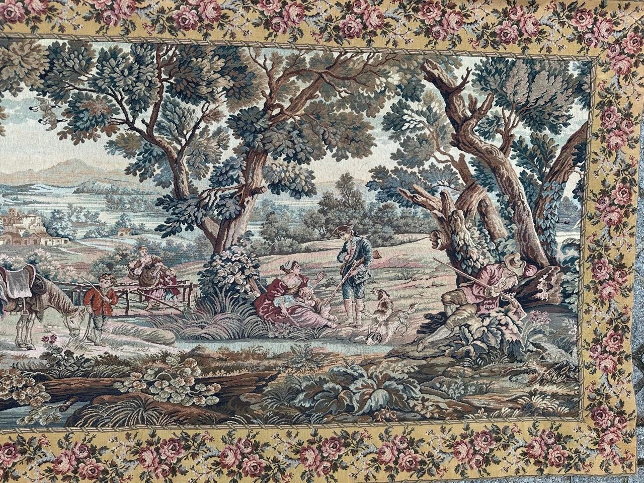 20th Century Bobyrug's pretty vintage French jacquard tapestry Aubusson style (hunters' stop) For Sale