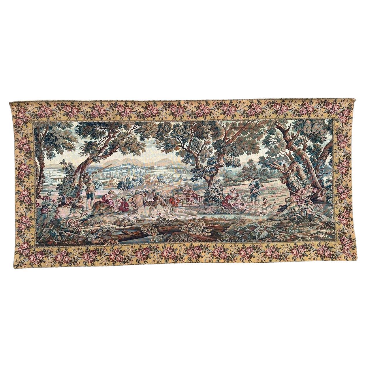 Bobyrug's pretty vintage French jacquard tapestry Aubusson style (hunters' stop) For Sale