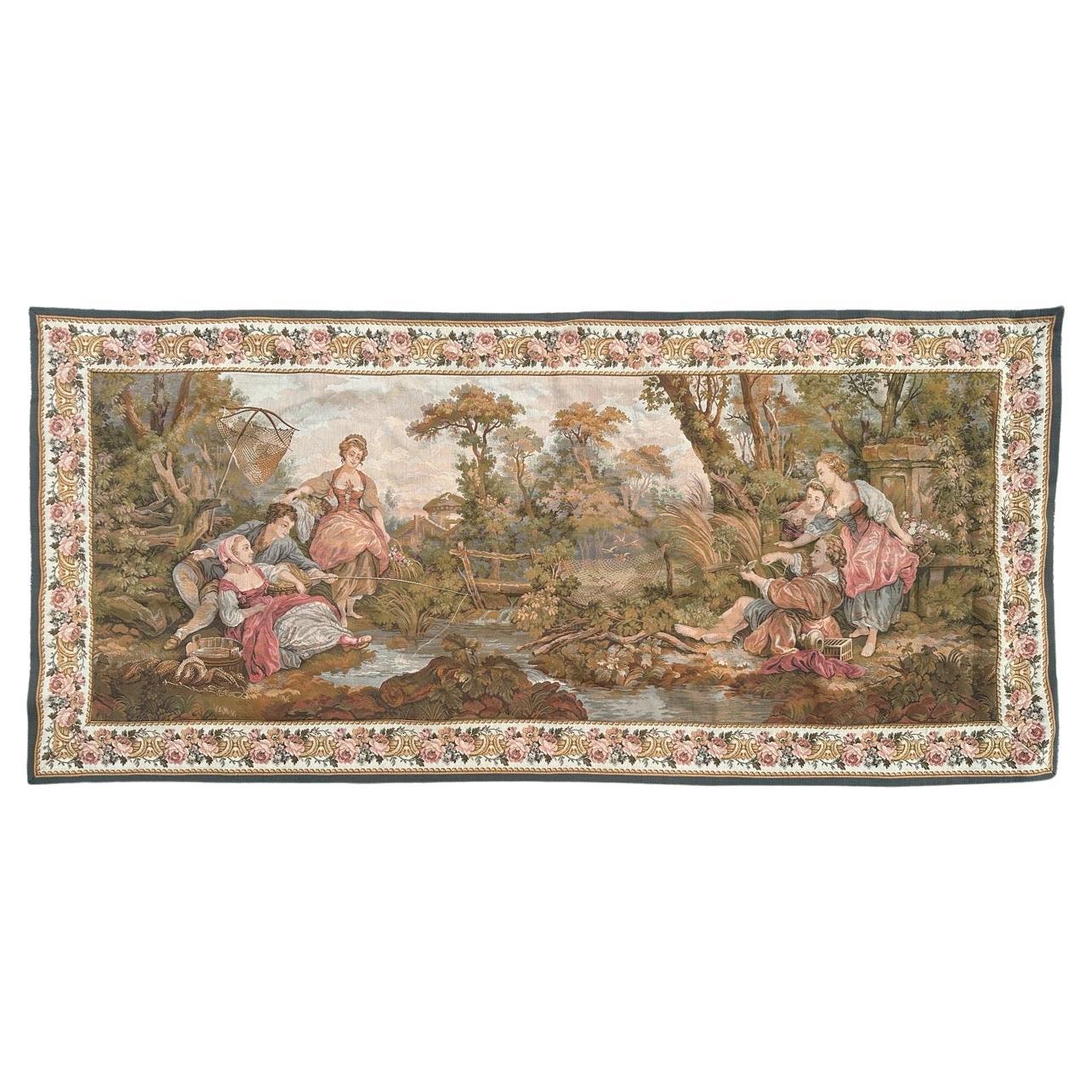 Bobyrug’s pretty vintage French jacquard tapestry « fishing by the water » For Sale