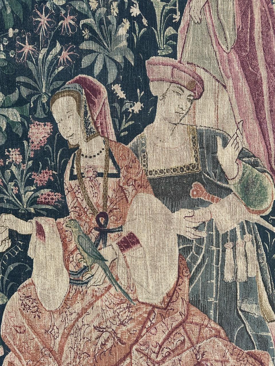 Peint à la main Bobyrug's pretty vintage French medieval design hand printed tapestry en vente