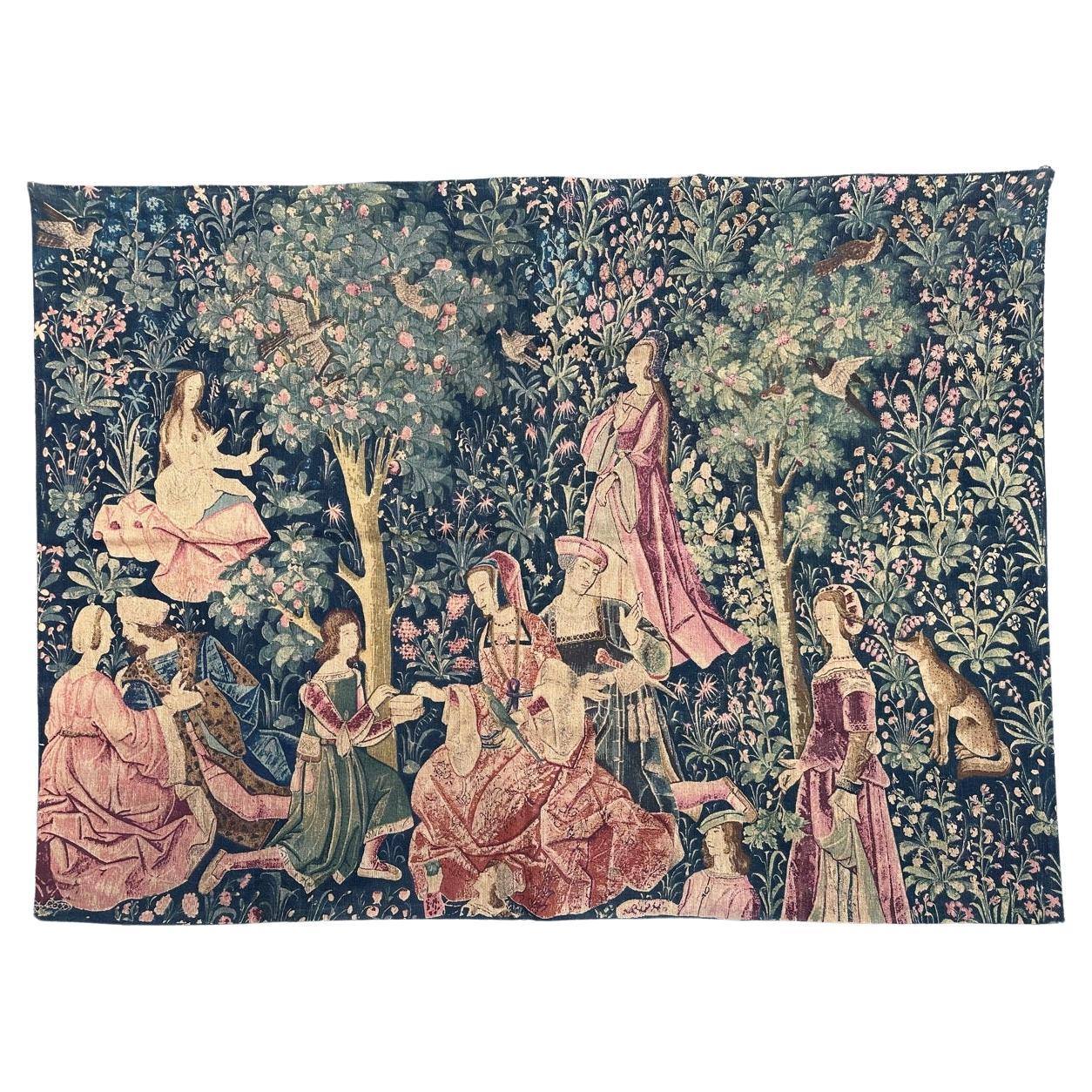 Bobyrug’s pretty vintage French medieval design hand printed tapestry For Sale