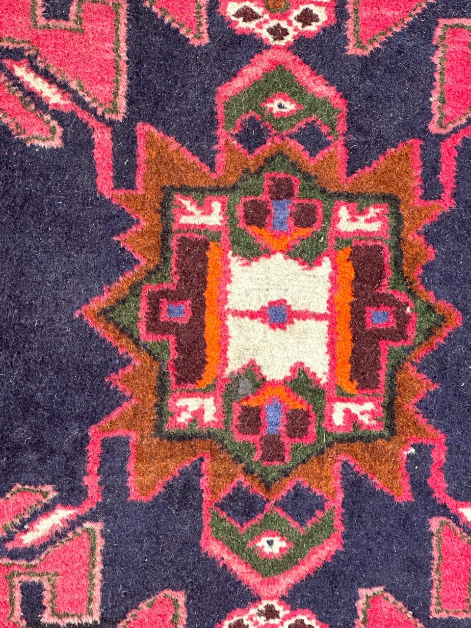 Pretty mid century rustic Hamadan rug with nice geometrical design and beautiful colours with red, blue, navy blue, and orange, entirely hand knotted by wool on cotton foundation 
Small wear 

✨✨✨
