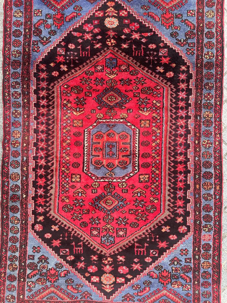 Pretty mid century rustic Hamadan rug with nice geometrical and stylized designs, and beautiful colours with red ,  blue , brown, yellow and green, entirely hand knotted with wool on cotton foundation 
✨✨✨
