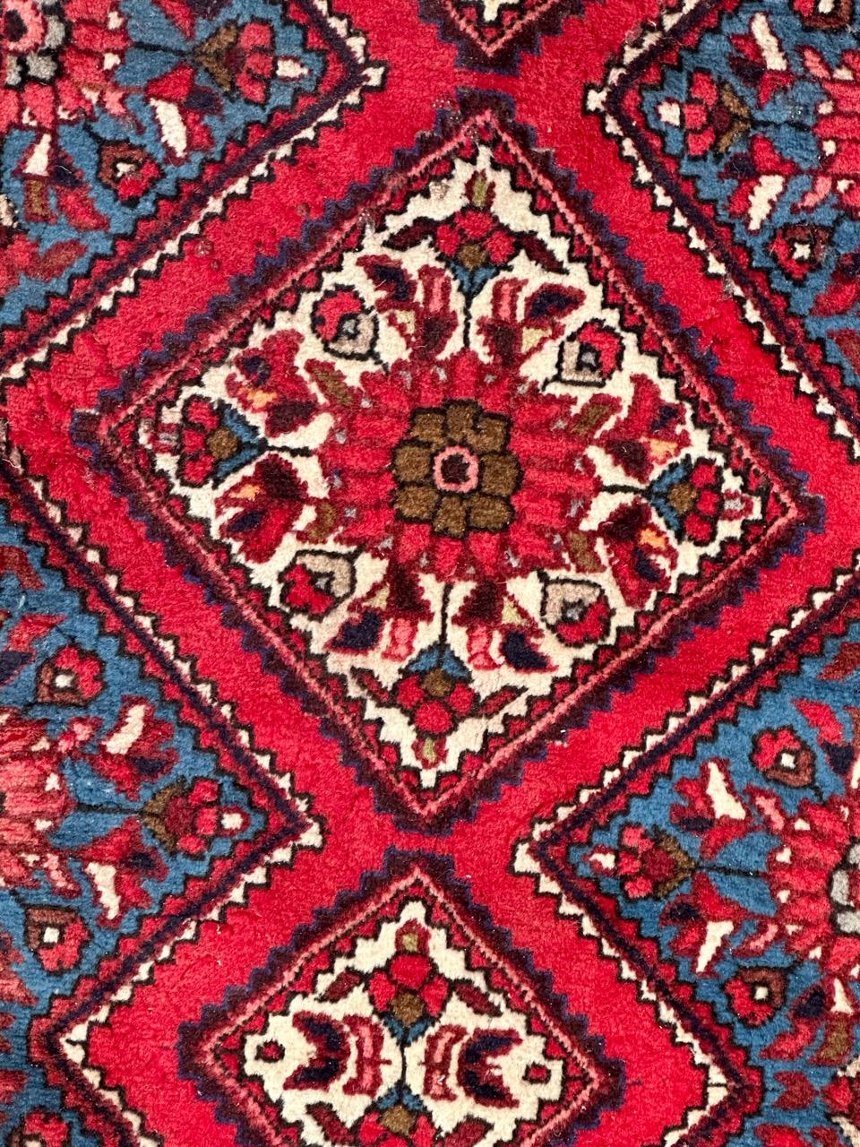 Nice late 20th century Hamadan runner with beautiful geometrical design and nice colours with red, blue, brown and pink, entirely hand knotted with wool on cotton foundation. Some little wears appears in a side.

✨✨✨
