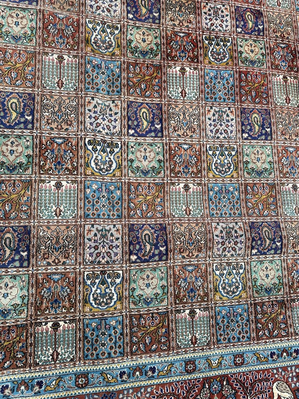 Pretty vintage Mood rug (near the Qom), with nice grid design with different patterns in each tile, and repeated, with beautiful colours in blue, green, red, orange and yellow. Entirely hand knotted with wool velvet on cotton foundation.