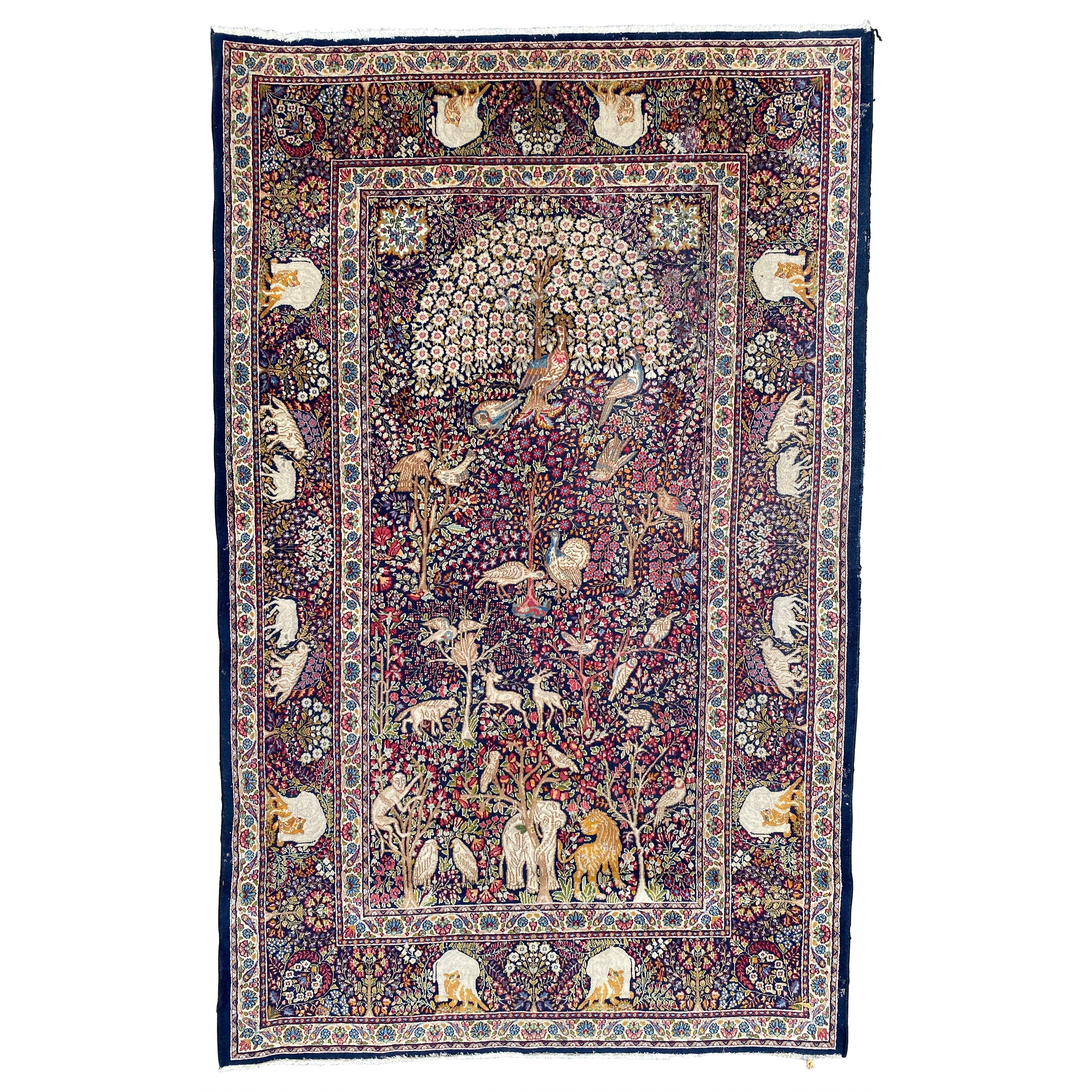 Bobyrug's Pretty Vintage Pictorial Kirman Teppich im Angebot