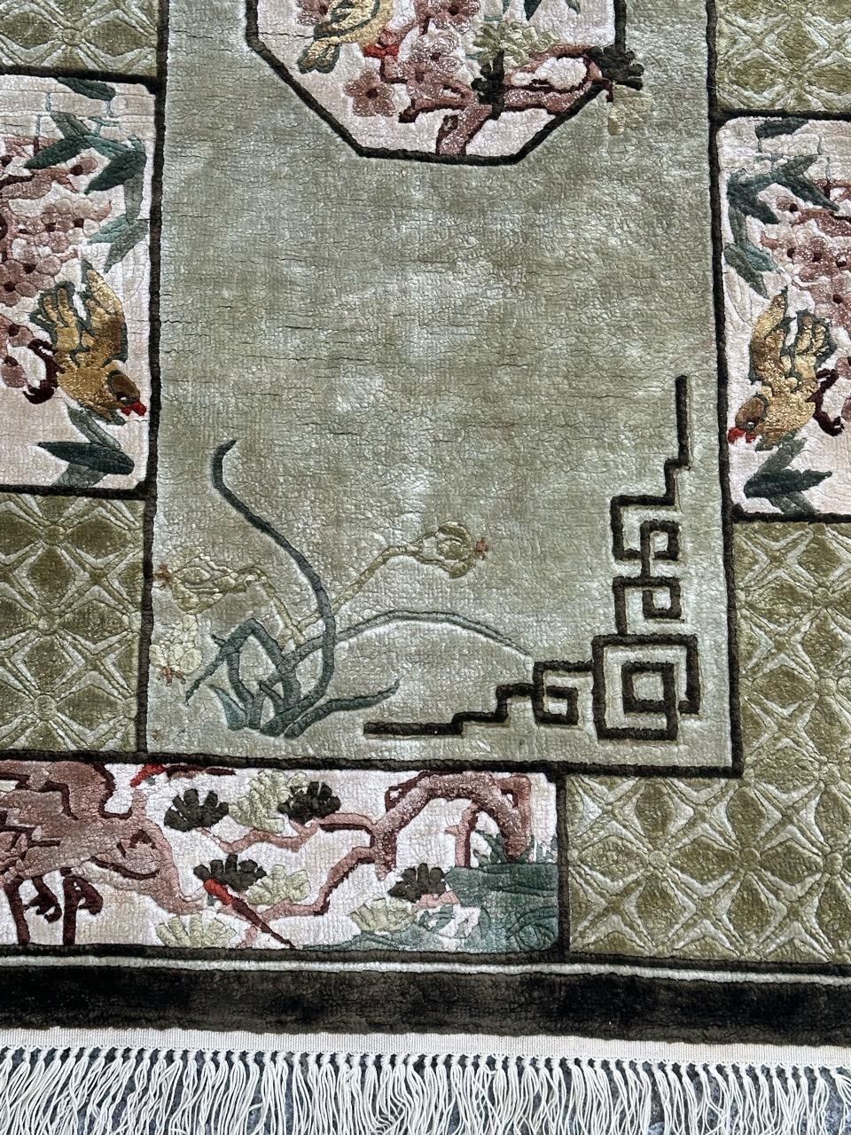 Late 20th Century Bobyrug’s pretty vintage silk art deco Chinese rug  For Sale