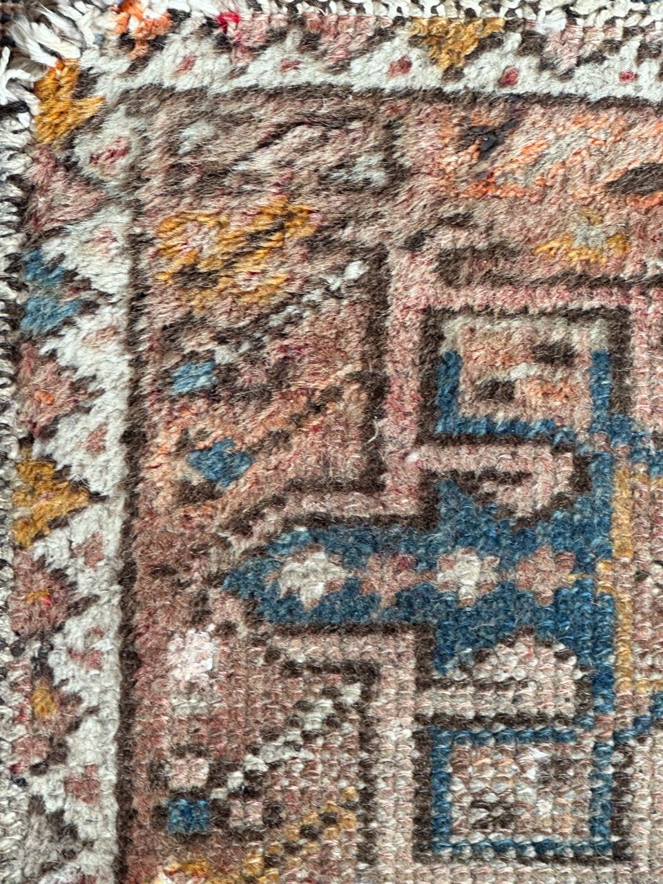 Wool Bobyrug’s small mid century faded distressed Heriz rug  For Sale