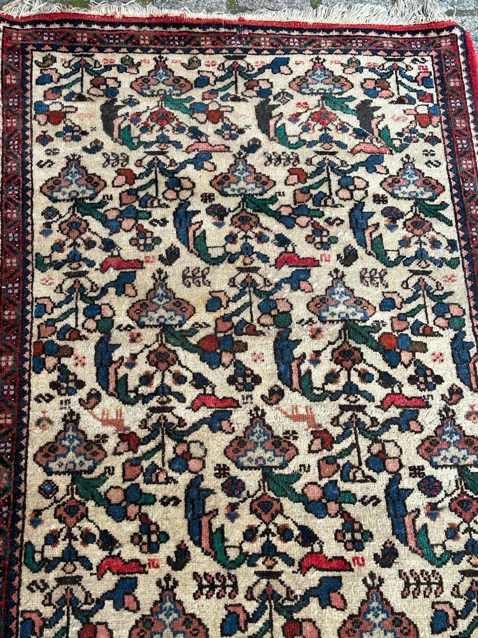 Pretty mid century tribal Abadeh rug with beautiful stylized designs and nice colours with a white field and green, blue, red, orange and black in design, entirely hand knotted with wool on cotton foundation 

✨✨✨
