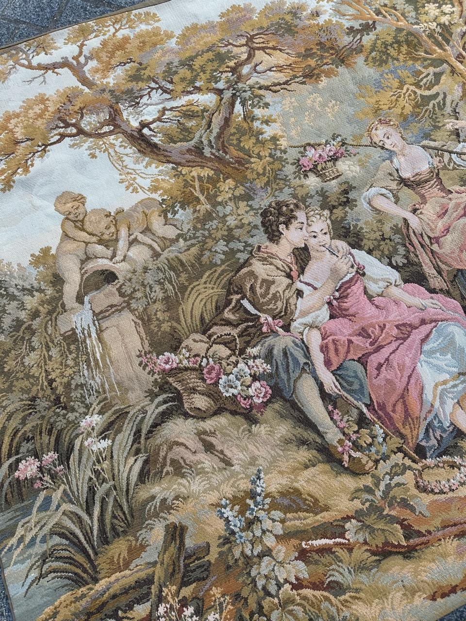 Bobyrug’s Vintage French Aubusson  Style Jaquar Tapestry « pastoral loves » For Sale 7