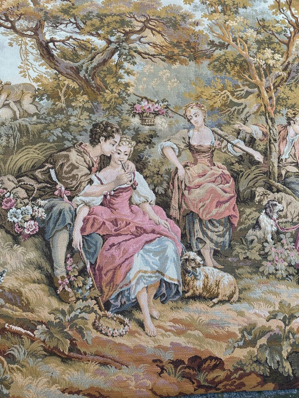 Bobyrug’s Vintage French Aubusson  Style Jaquar Tapestry « pastoral loves » For Sale 11