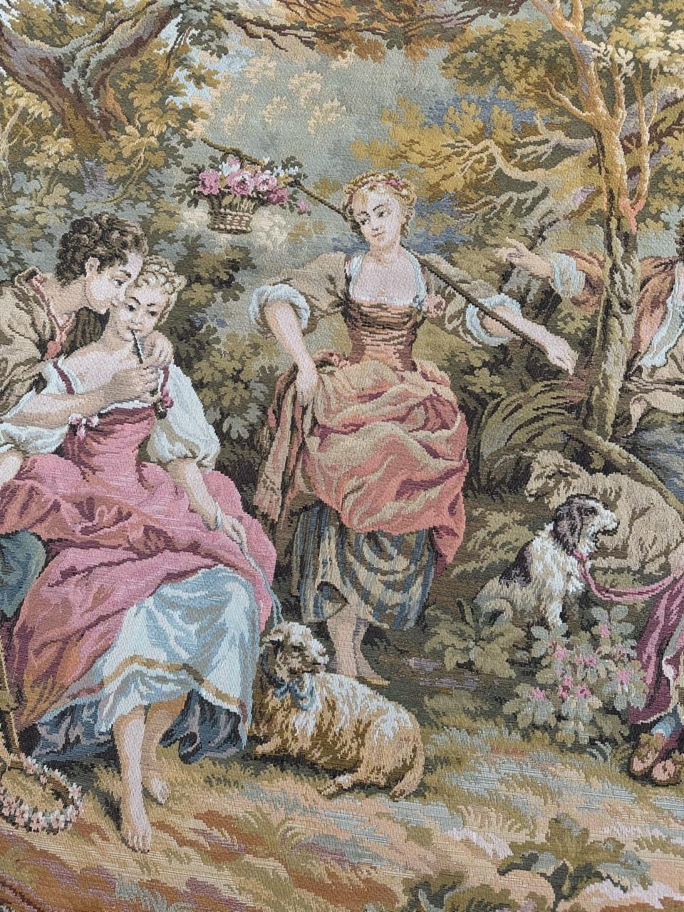 Machine-Made Bobyrug’s Vintage French Aubusson  Style Jaquar Tapestry « pastoral loves » For Sale