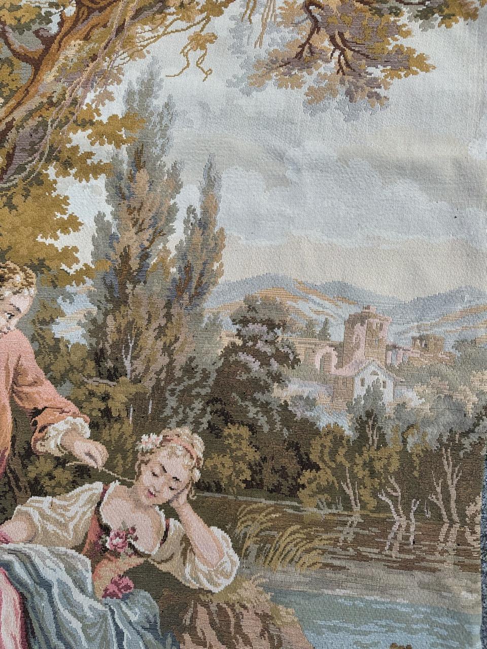 Bobyrug’s Vintage French Aubusson  Style Jaquar Tapestry « pastoral loves » For Sale 1