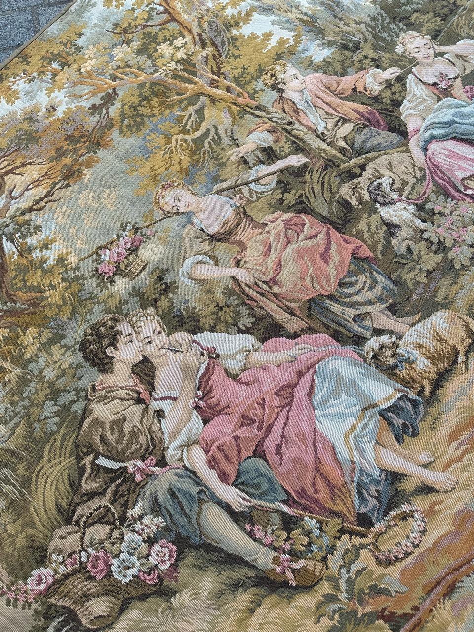 Bobyrug’s Vintage French Aubusson  Style Jaquar Tapestry « pastoral loves » For Sale 3