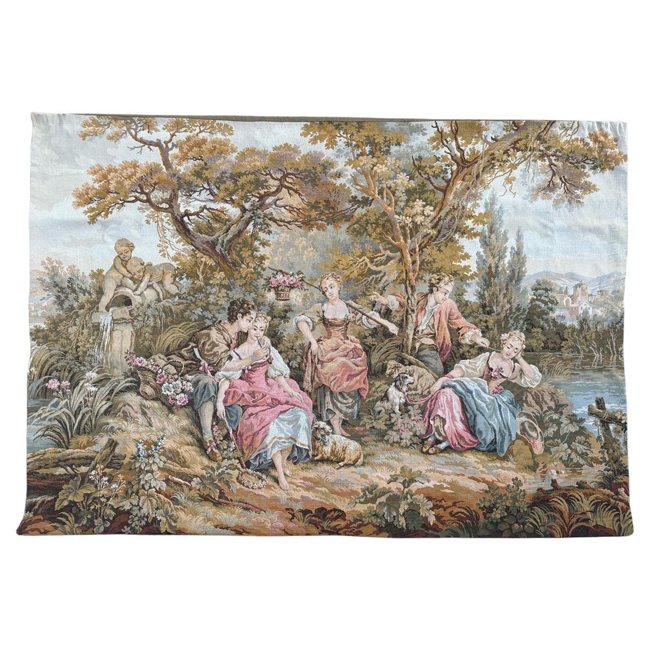 Bobyrug’s Vintage French Aubusson  Style Jaquar Tapestry « pastoral loves » For Sale