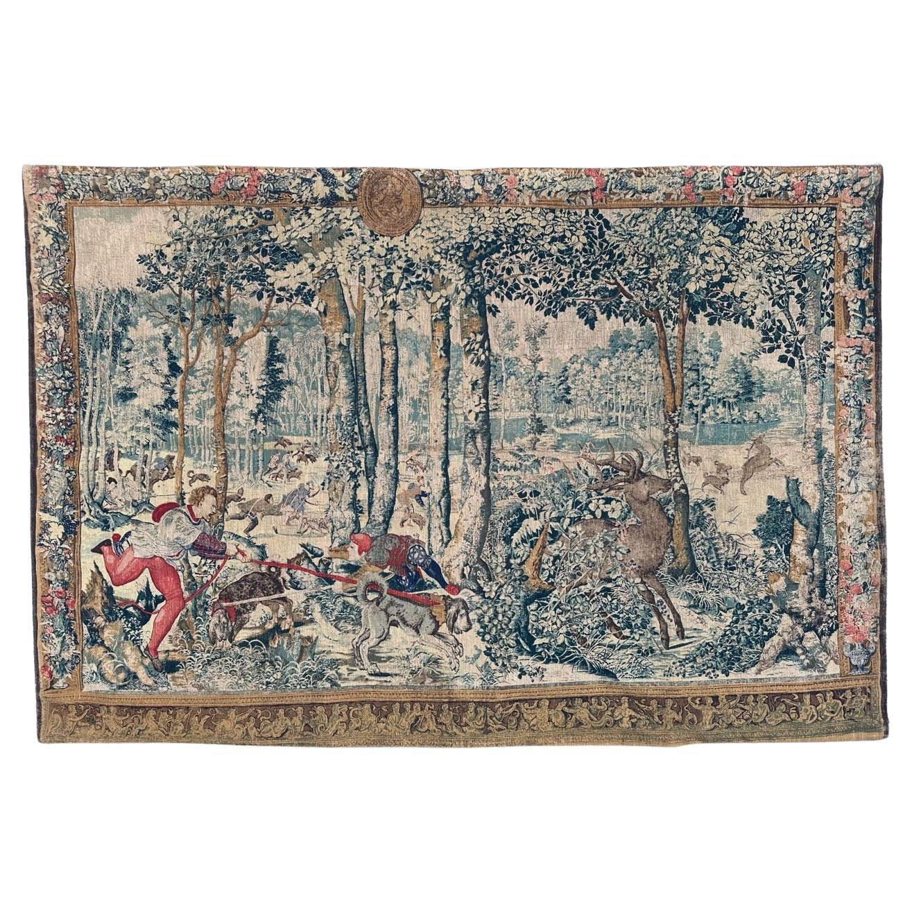 Bobyrug’s Vintage French hand printed Aubusson Style Tapestry For Sale