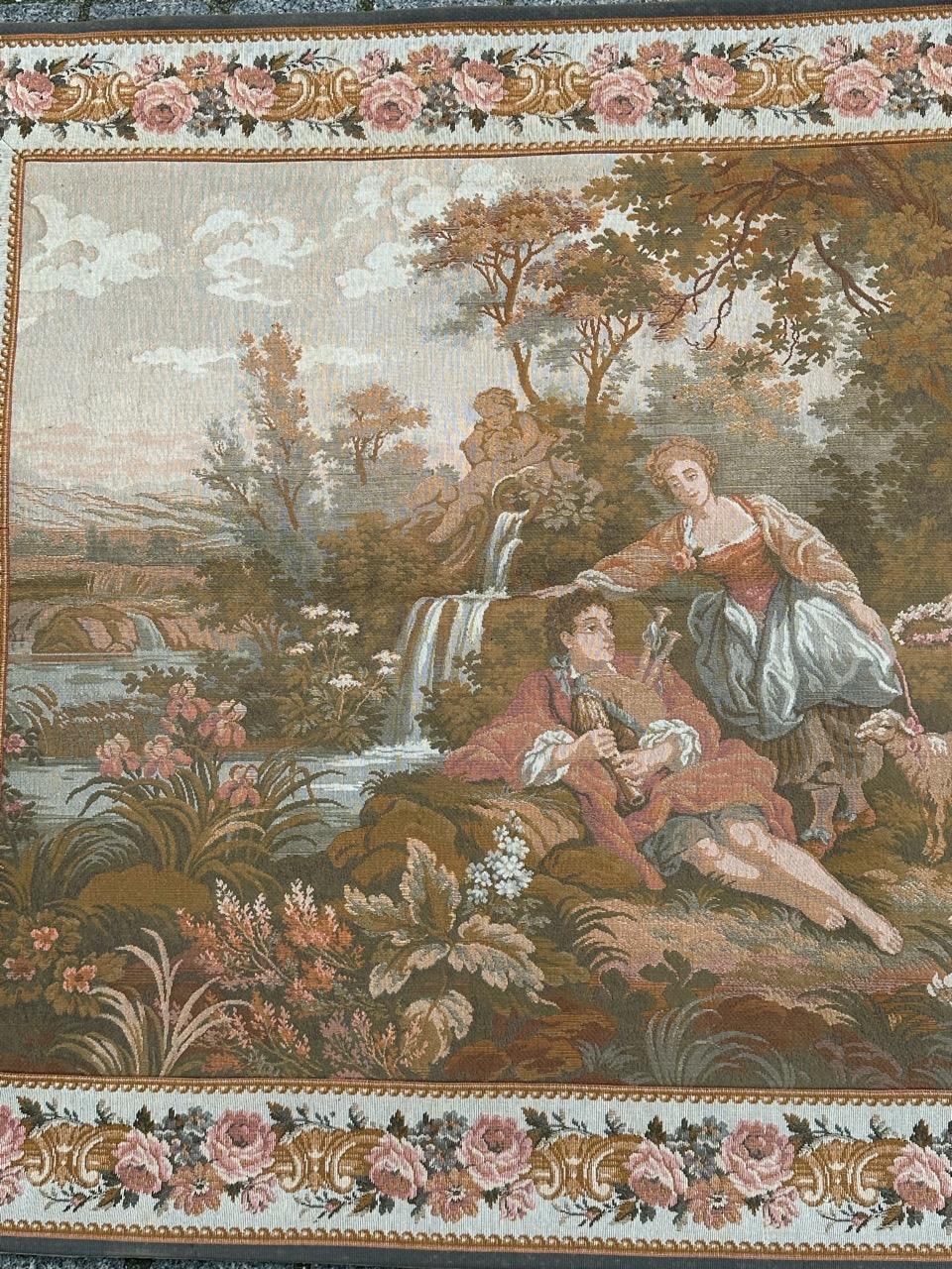 Bobyrug’s vintage French jacquard tapestry Aubusson style, “romantic rendezvous” In Good Condition For Sale In Saint Ouen, FR