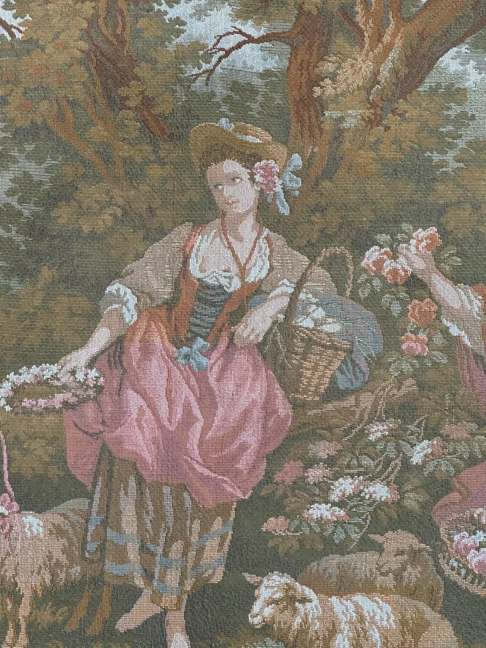 Wool Bobyrug’s vintage French jacquard tapestry Aubusson style, “romantic rendezvous” For Sale