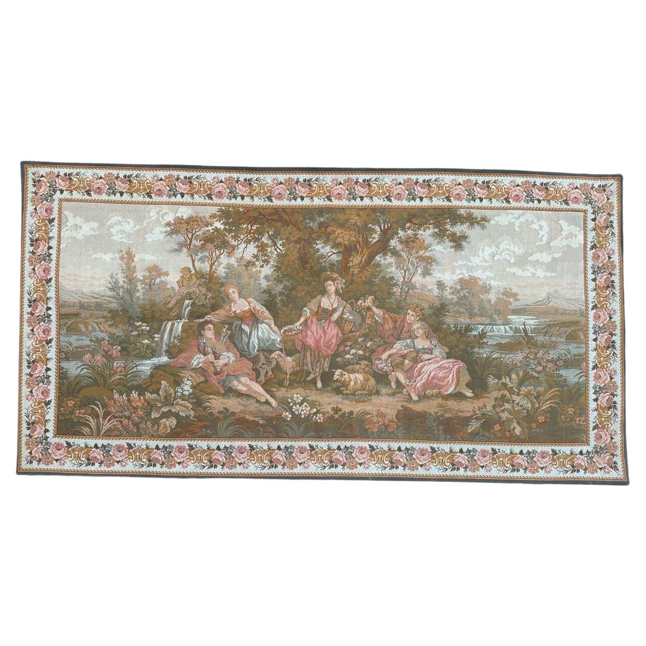 Bobyrug’s vintage French jacquard tapestry Aubusson style, “romantic rendezvous” For Sale