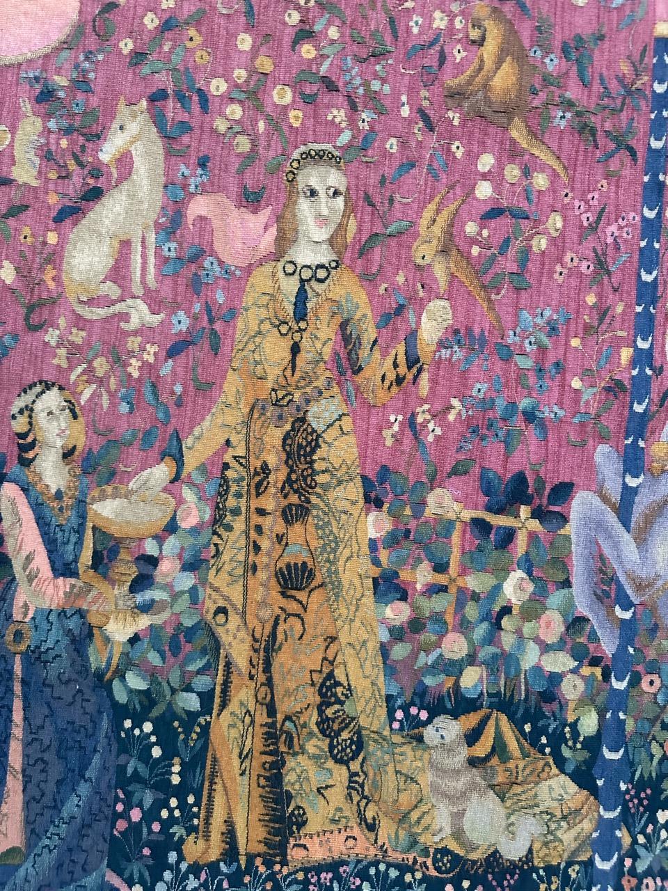 Bobyrug’s wonderful antique French Aubusson tapestry Lady and licorn design In Good Condition In Saint Ouen, FR