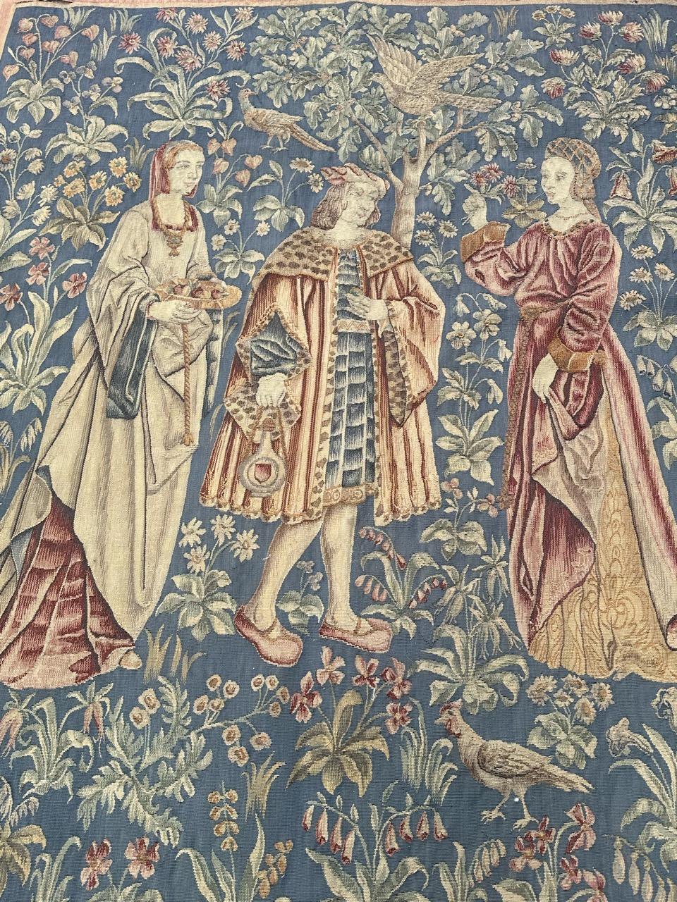 Very beautiful and Aubusson tapestry with a nice design featuring a part of the design of a medieval tapestry at a museum in Paris « La promenade » the promenade, a tapestry from the series of tapestries of seigneurial life, representing noble