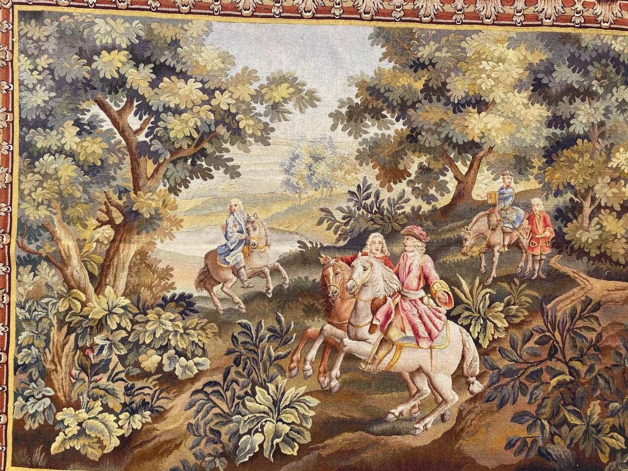 Very beautiful and fine Aubusson tapestry with a nice design of the royal court with knights, and very beautiful colors, entirely and finely handwoven with wool and silk, at the famous Braquenie workshops.

✨✨✨
