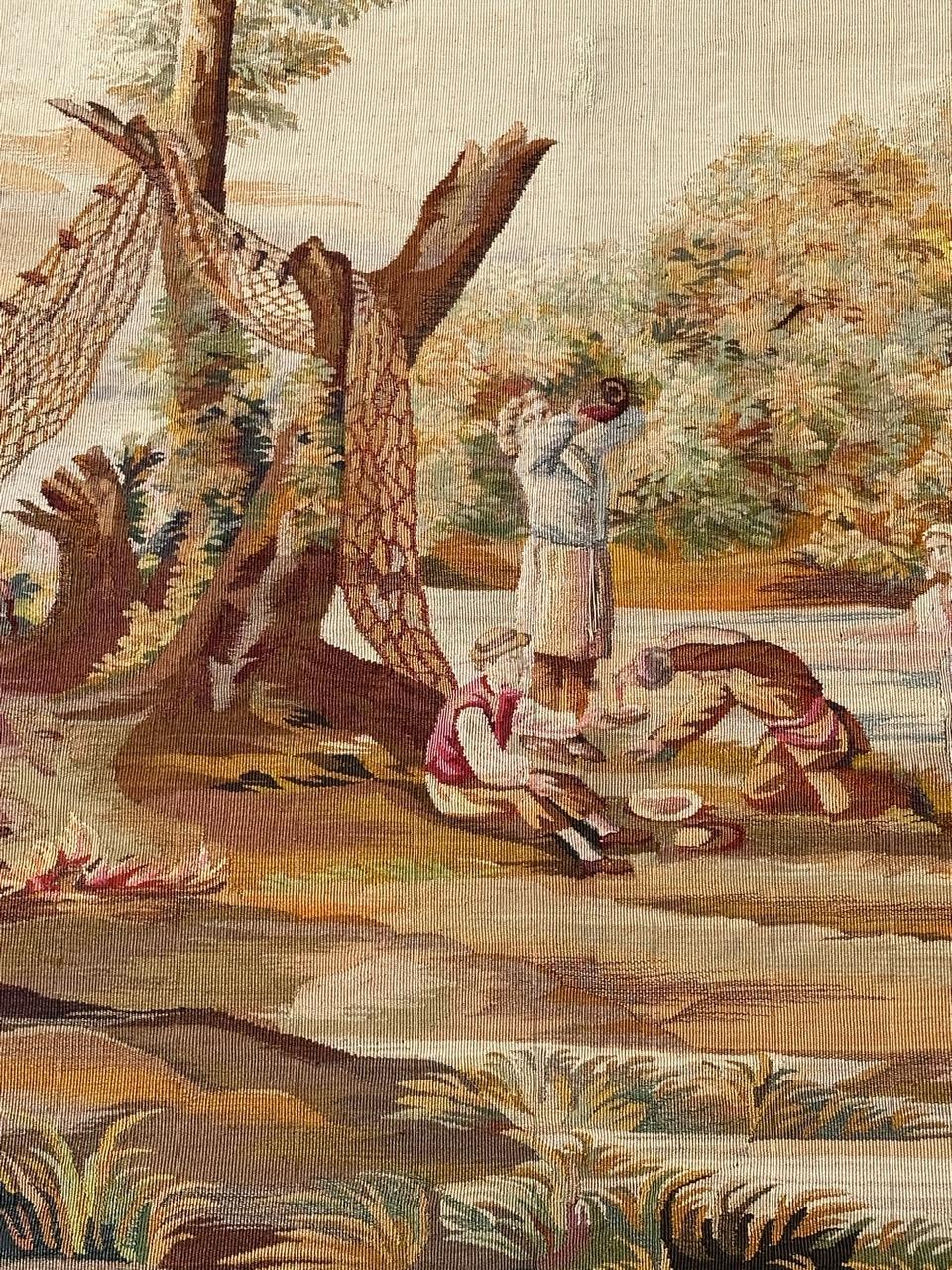 Sehr schöner und feiner Aubusson-Wandteppich mit einem hübschen Muster, das Menschen beim Picknick am Fluss zeigt, und mit schönen Farben, vollständig und fein handgewebt mit Wolle und Seide, in Aubusson-Werkstätten.

✨✨✨
