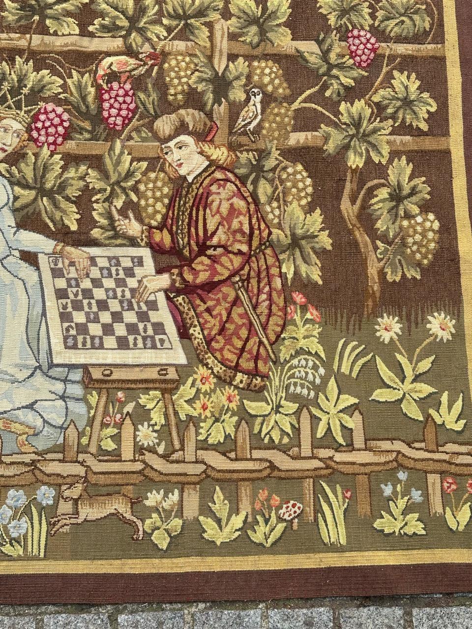Hand-Woven Wonderful mid century French Aubusson Tapestry medieval play chess For Sale