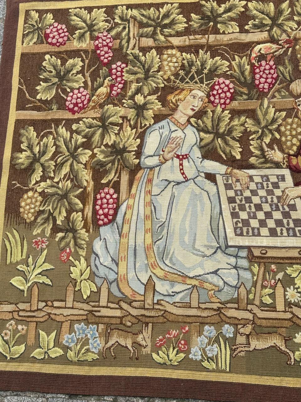 Wonderful mid century French Aubusson Tapestry medieval play chess In Good Condition For Sale In Saint Ouen, FR