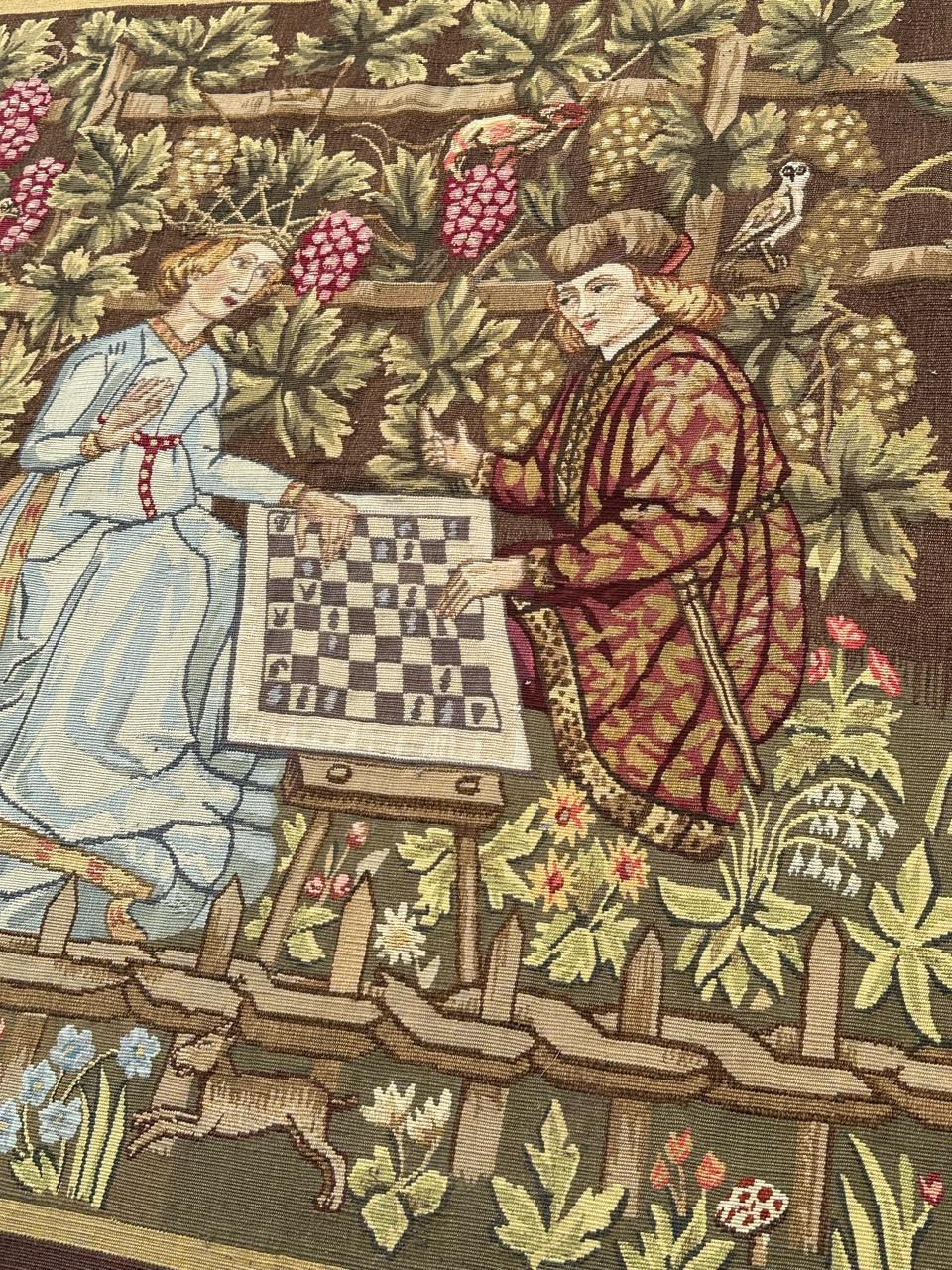 Wonderful mid century French Aubusson Tapestry medieval play chess For Sale 3