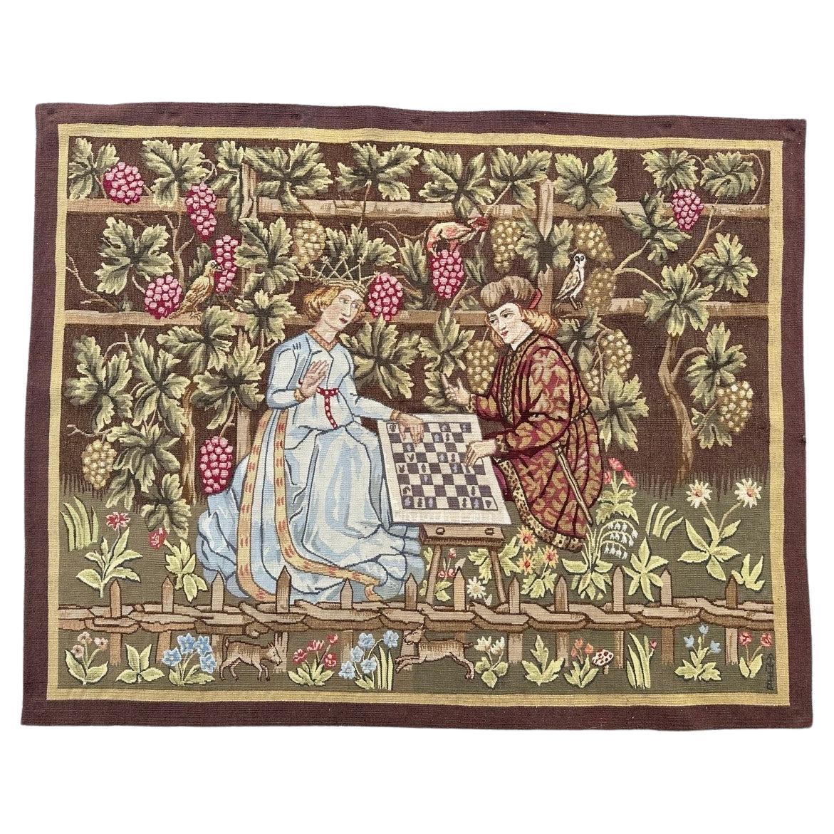 Wonderful mid century French Aubusson Tapestry medieval play chess For Sale