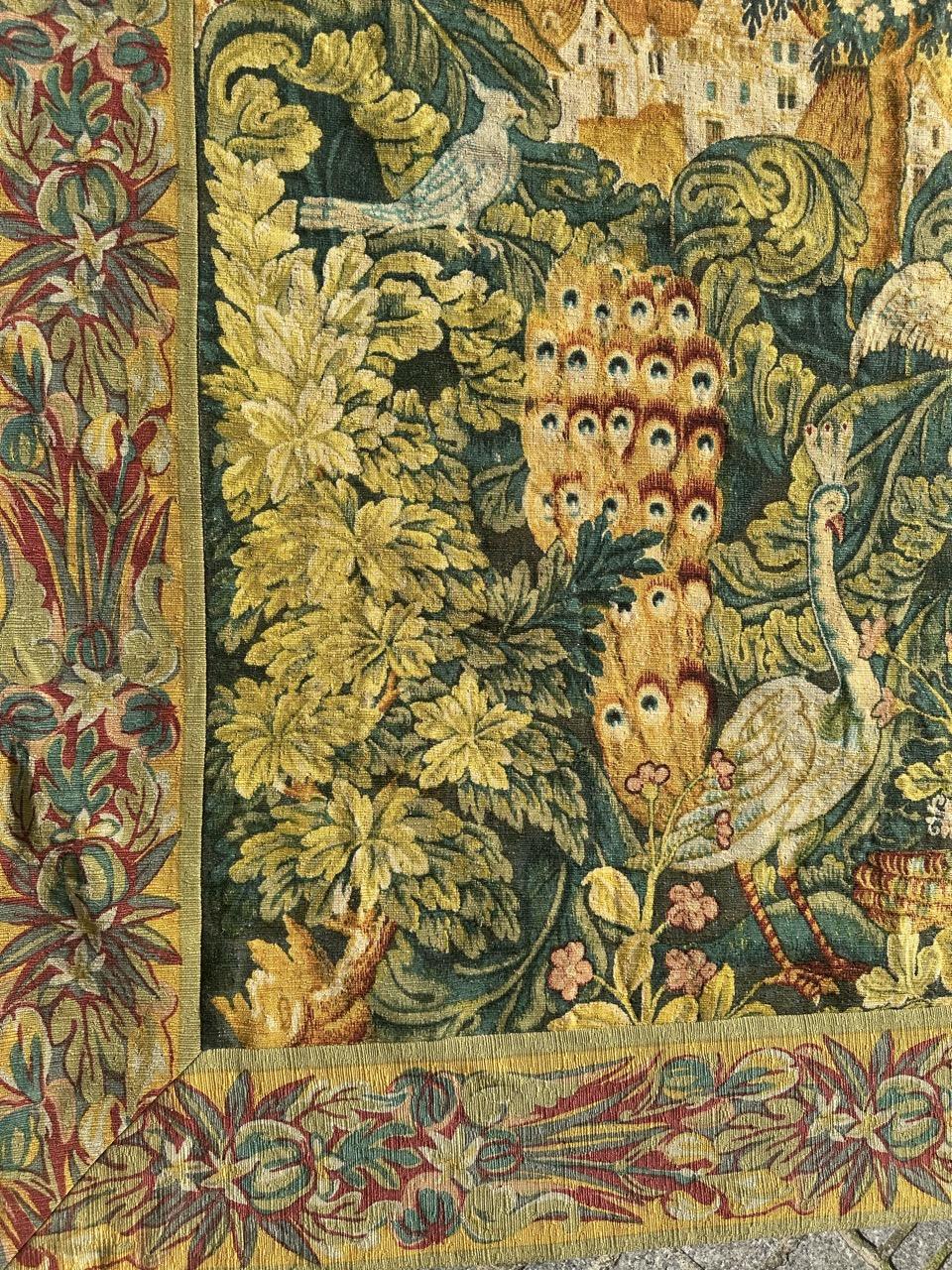 Introduce timeless charm into your space with this exquisite wool and linen tapestry from the renowned Robert Four manufacture in Aubusson, France. A vintage replica of a 15th-century masterpiece titled 