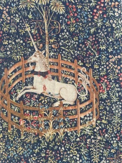 Bobyrug’s Wonderful Vintage French hand printed Tapestry « licorne captive »