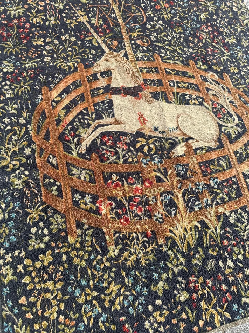 Cotton Bobyrug’s Wonderful Vintage French hand printed Tapestry « licorne captive » For Sale