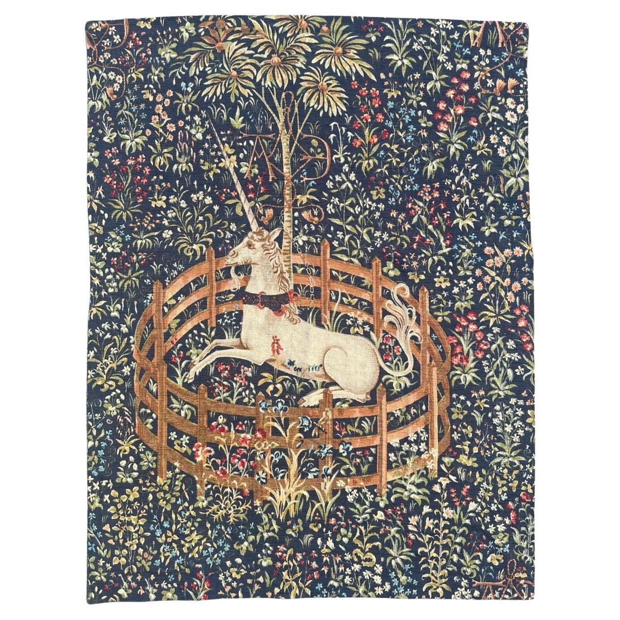 Bobyrug’s Wonderful Vintage French hand printed Tapestry « licorne captive » For Sale
