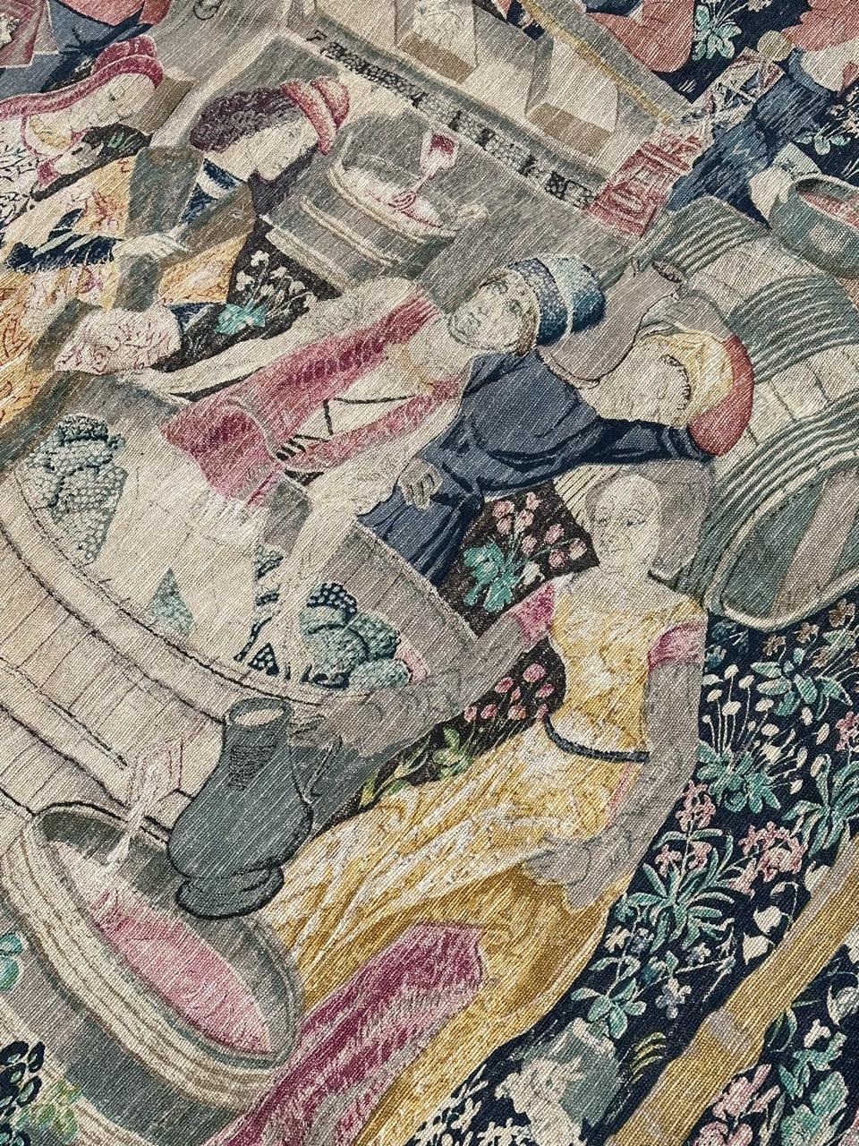 Bobyrug’s Wonderful Vintage French hand printed Tapestry Vendanges museum Design For Sale 7