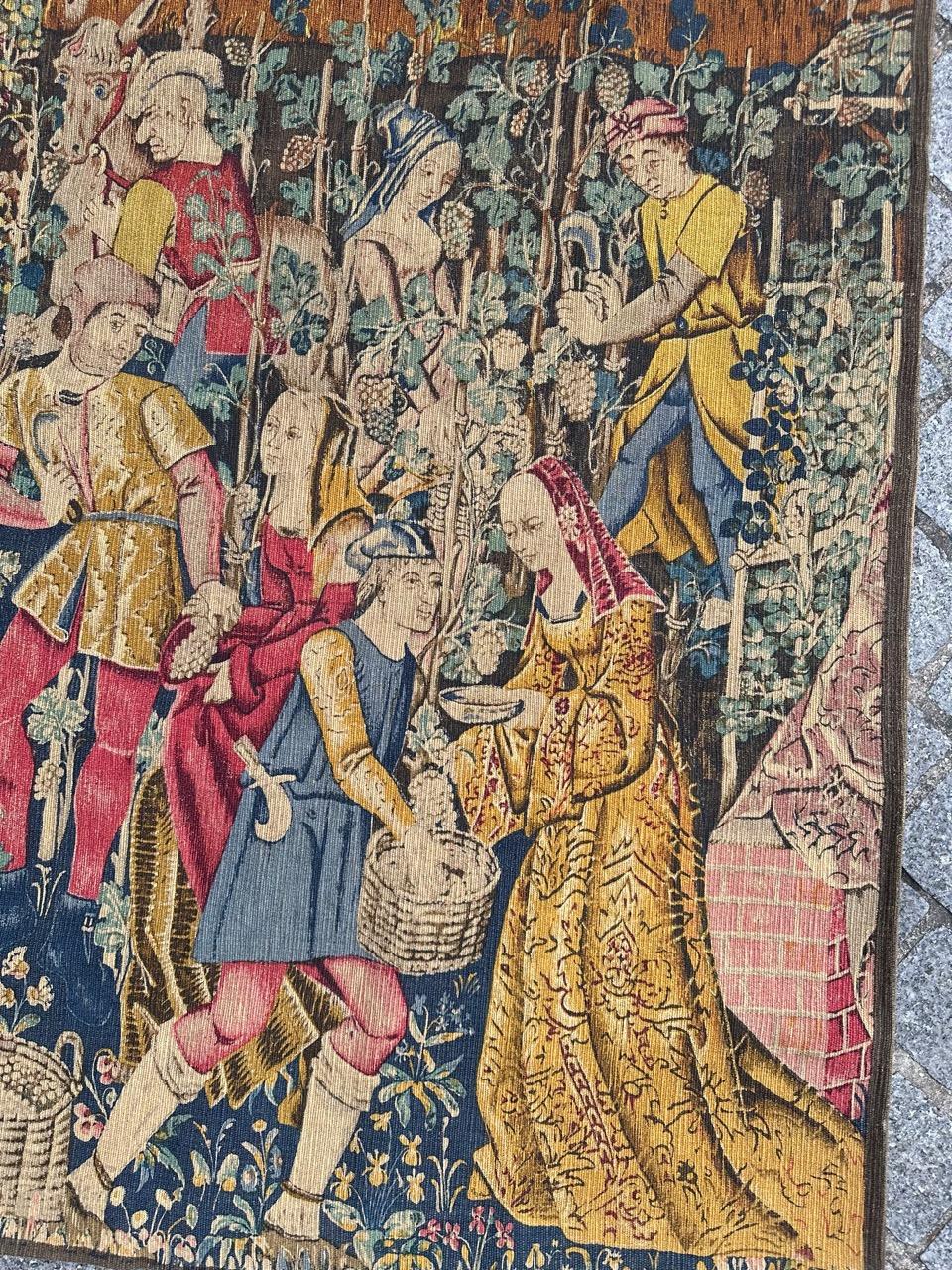 Discover the elegance of this mid-century French hand-printed tapestry featuring the exquisite design of the renowned medieval museum tapestry, 