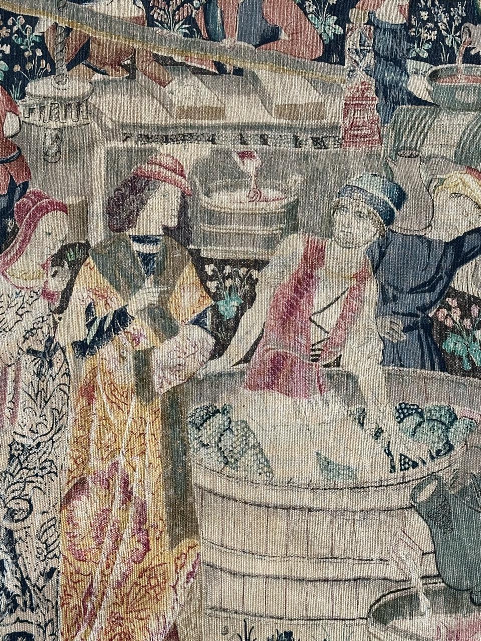 Medieval Bobyrug’s Wonderful Vintage French hand printed Tapestry Vendanges museum Design For Sale