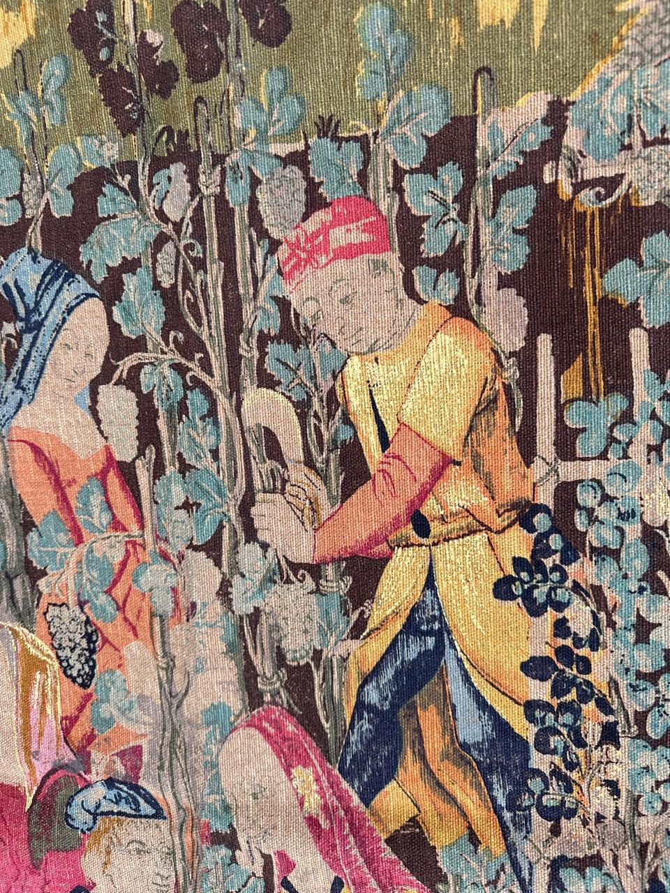 Bobyrug’s Wonderful Vintage French hand printed Tapestry Vendanges museum Design For Sale 1