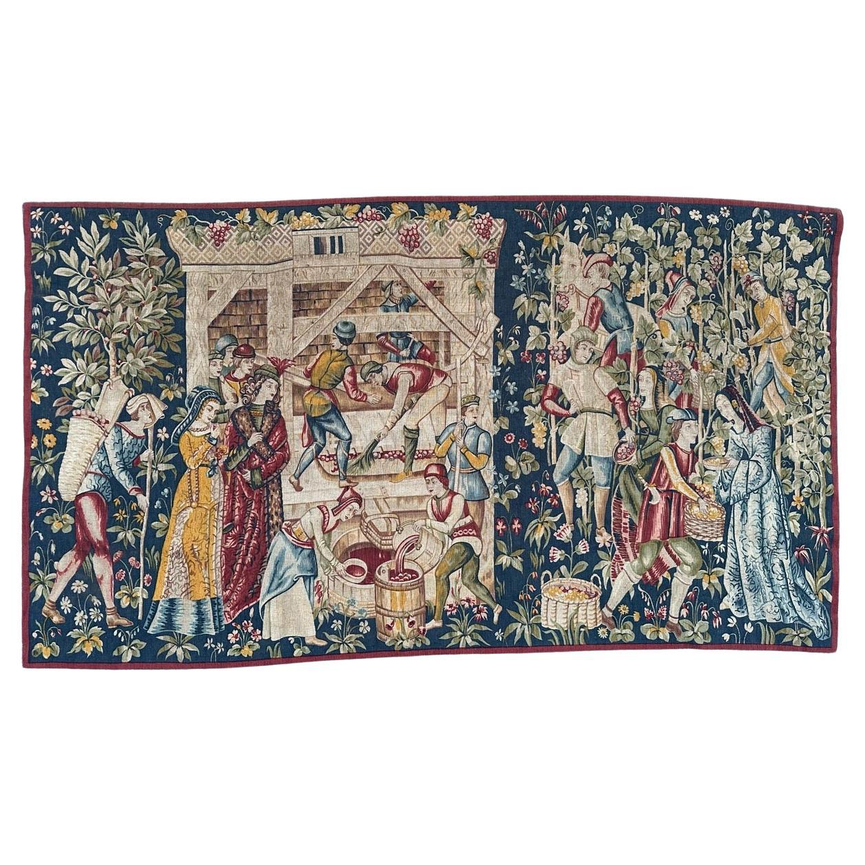 Bobyrug’s Wonderful Vintage French hand printed Tapestry Vendanges museum Design For Sale
