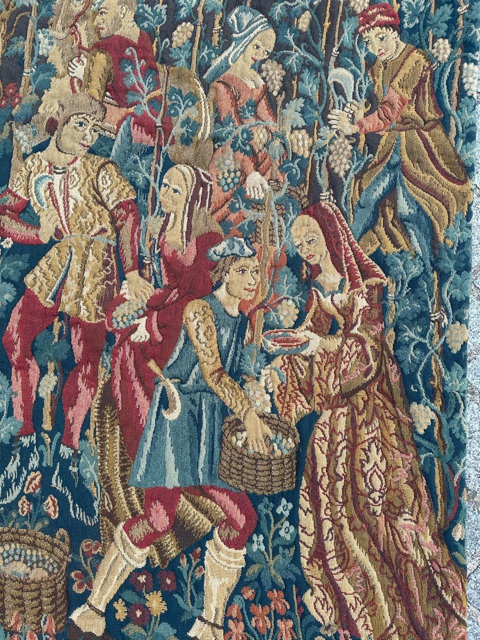 Discover the elegance of this mid-century French Aubusson style tapestry made with wool, by Jacquard looms at Jean LAURENT manufacturing in 1979, featuring the exquisite design of the renowned medieval museum tapestry, 