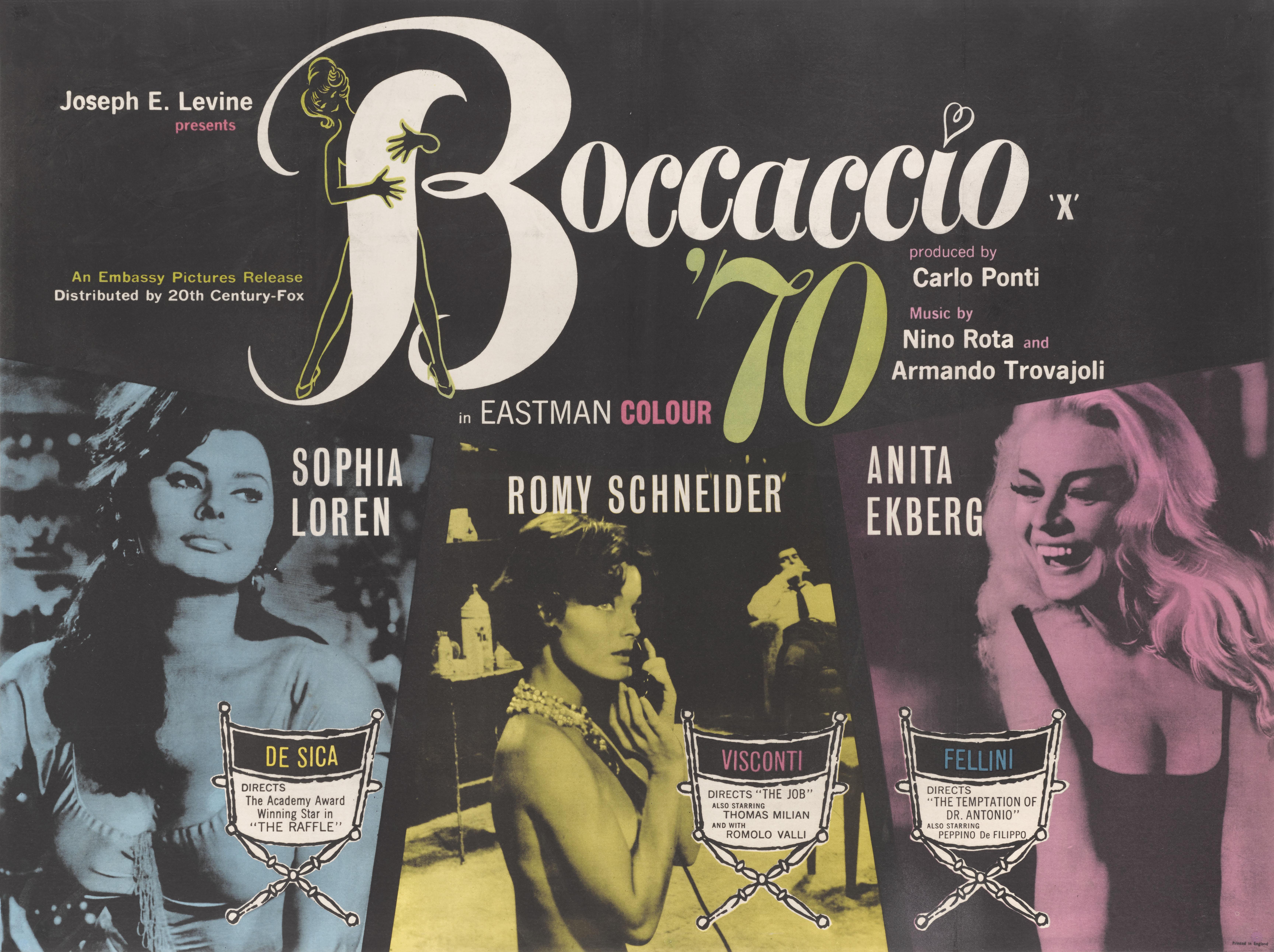 Original British film poster for the 1962  Fantasy romance science film
starring Anita Ekberg, Romy Schneider, Sophia Loren. and Marisa Solinas.
The film was directed by Luchino Visconti, Federico Fellini, Vittorio De Sica and Mario Monicelli.
This