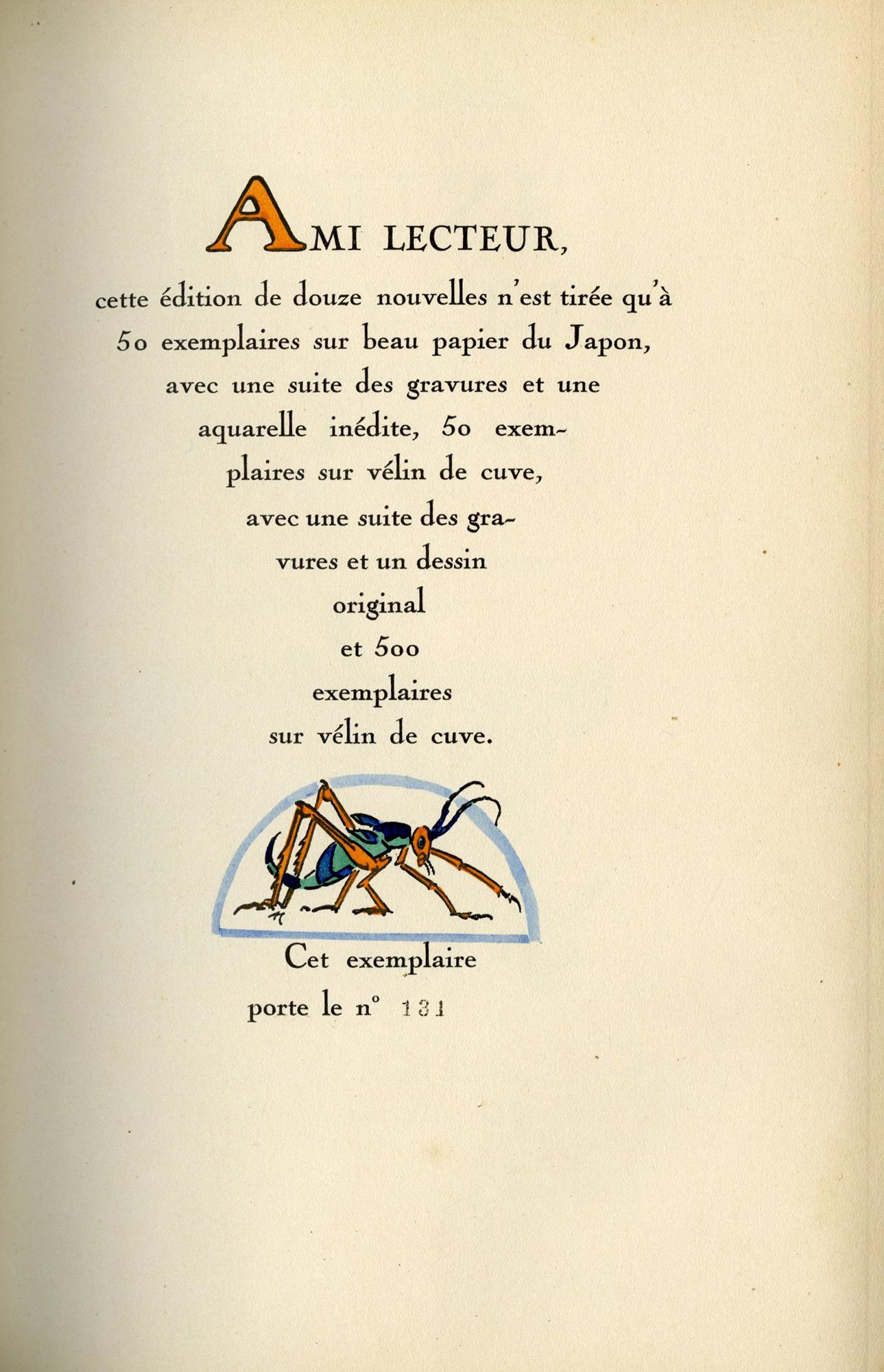 Boccaccio, Giovanni [Jean Boccace]
Douze nouvelles de Messire Jean Boccace Seigneur Florentin; Avec les illustrations en couleurs d'Alfred Le Petit

Paris: René Kieffer, 1925. 
Limitierte Auflage. 
4to, 20 x 6 1/2 Zoll (250 x 167 mm); S. iv + 170 +